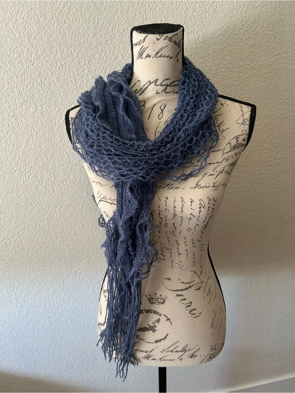 Dusty Blue Knit Lace Fringe Wrap Scarf